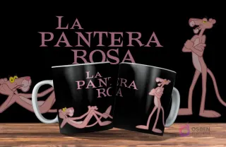 Dos tazas negras con diseño de La Pantera Rosa. Una con la pantera relajada, la otra con la pantera de pie y brazos cruzados. Fondo negro con el título 'La Pantera Rosa' en rosa.