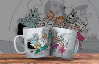 Dos tazas blancas con diseño de Los Supersónicos. Todos los miembros de la familia Jetson bailando y festejando. Fondo con siluetas grises futuristas.