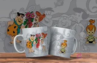 Dos tazas blancas con diseño de Los Picapiedra. Una con Pedro ofreciendo flores a Vilma, la otra con Pebbles bebé. Fondo con siluetas grises prehistóricas.