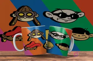 Dos tazas coloridas con diseño de KND Los Chicos del Barrio. Las caras de los agentes N°2, N°1 y N°4. Fondo con bloques de colores.