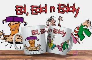 Dos tazas blancas con diseño de Ed, Edd y Eddy. Los tres amigos boca abajo con el título 'Ed, Edd n Eddy'. Fondo gris.