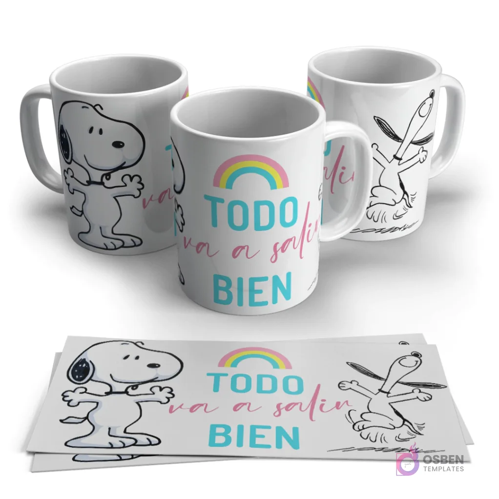 Tres tazas blancas con diseño de Snoopy y la frase 'Todo va a salir bien' bajo un arcoíris, junto a sus plantillas impresas.