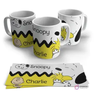 Tres tazas blancas con diseño de Snoopy y Charlie Brown sobre fondo amarillo zigzag, con sus nombres. Plantillas impresas en primer plano.