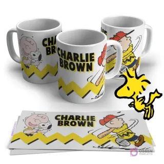 Tres tazas blancas con diseño de Charlie Brown jugando baseball y texto 'CHARLIE BROWN', acompañado de Snoopy y Woodstock. Incluye plantillas impresas.