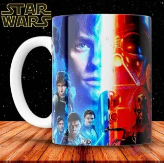 Taza de sublimación con diseño dividido de Luke Skywalker y Darth Vader en azul y rojo, de Star Wars.