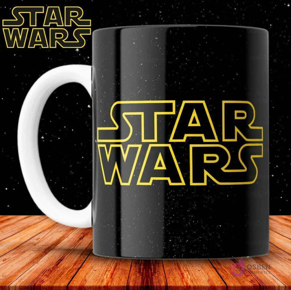 Taza de sublimación negra con el icónico logo amarillo de Star Wars sobre un fondo de estrellas.