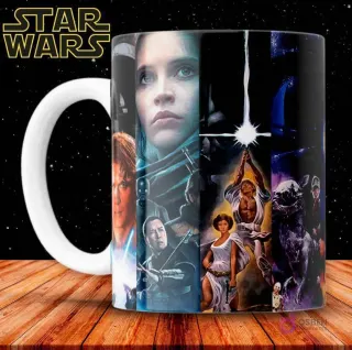 Taza de sublimación con collage de personajes de la trilogía original de Star Wars, con Luke, Leia, Han Solo, Yoda y Darth Vader.