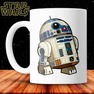 Taza de sublimación blanca con ilustración estilo cartoon del querido droide R2-D2 de Star Wars.