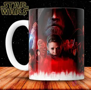 Taza de sublimación con póster artístico de Star Wars: Los Últimos Jedi, con Luke, Leia, Rey y Kylo Ren.
