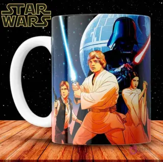 Taza de sublimación con póster clásico de Star Wars, con Luke, Leia, Han Solo, Darth Vader y la Estrella de la Muerte.