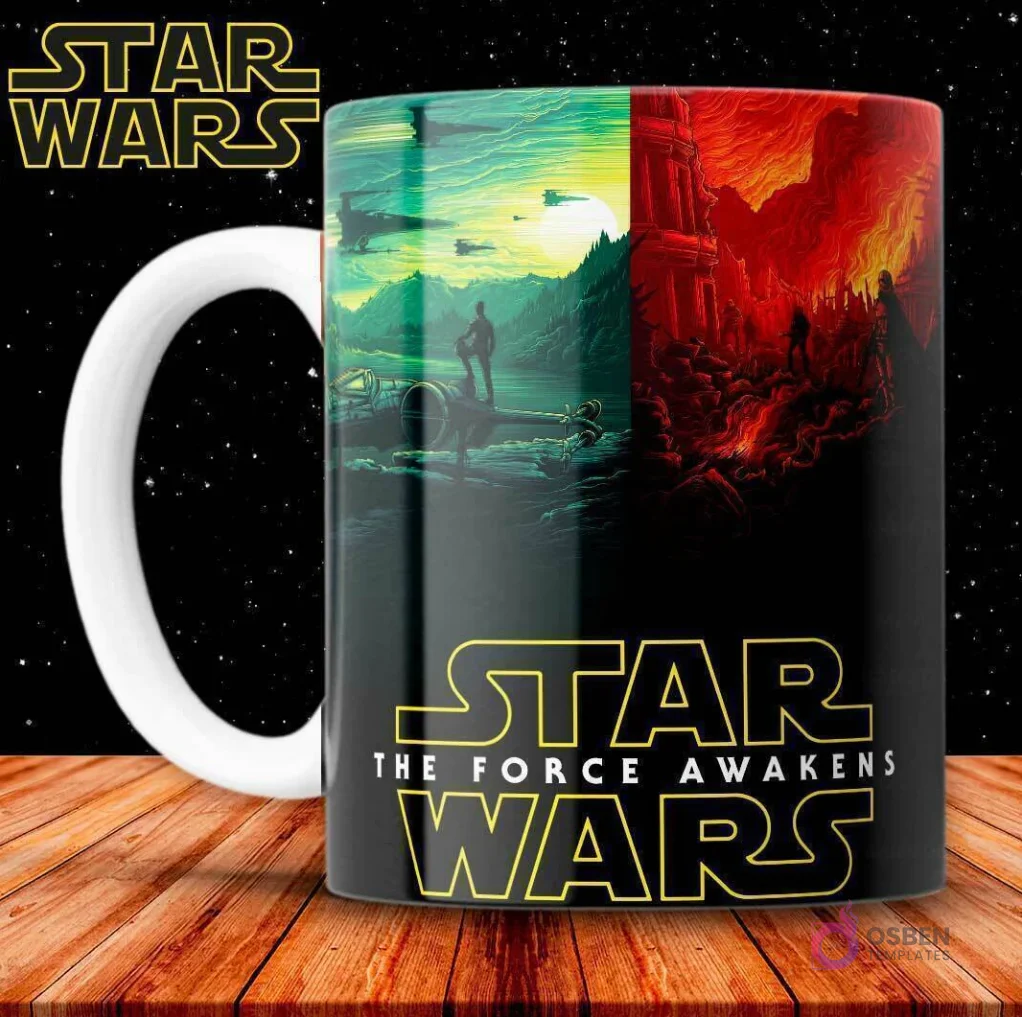 Taza de sublimación negra con póster de Star Wars: El Despertar de la Fuerza y el logo de la película.