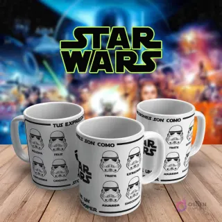 Tazas de café de Star Wars con diseño de múltiples caras de Stormtroopers y frases como 'Tus expresiones son como las de un Stormtrooper' con estados de ánimo (feliz, triste, confundido), sobre fondo Star Wars.