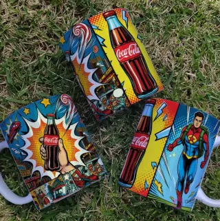 Tazas con diseños Pop Art Coca Cola, estilo cómic con botella y superhéroe Superman