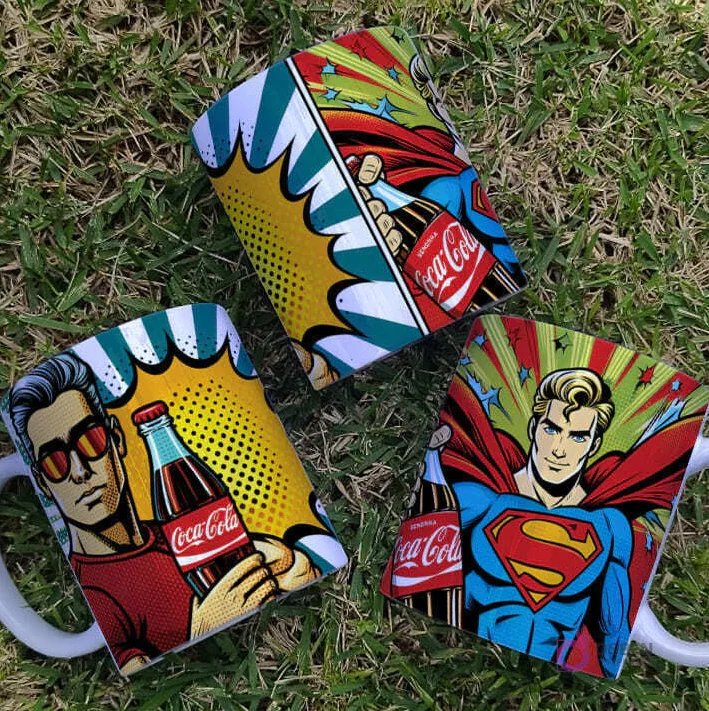 Tazas Pop Art Coca Cola, hombre con gafas y diseño de Superman con botella