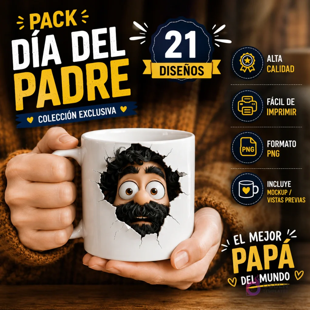 Pack Día del Padre 21 Diseños de Plantillas 3D para Tazas de Padre Barbudo, alta calidad, fácil de imprimir, formato PNG, incluye mockups y vistas previas.
