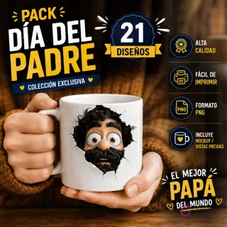 Pack Día del Padre 21 Diseños de Plantillas 3D para Tazas de Padre Barbudo, alta calidad, fácil de imprimir, formato PNG, incluye mockups y vistas previas.