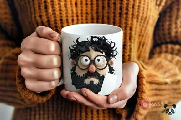 Manos sosteniendo una taza de cerámica blanca con un diseño 3D de un padre barbudo con pelo alborotado, ojos saltones y barba oscura, sobre un suéter marrón.