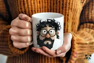 Manos sosteniendo una taza de cerámica blanca con un diseño 3D de un padre barbudo con pelo alborotado, ojos saltones y barba oscura, sobre un suéter marrón.