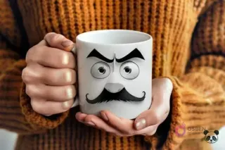 Manos sosteniendo una taza blanca con un diseño 3D de ojos enojados y un gran bigote negro de un padre barbudo, con cejas fruncidas, estilo caricatura.
