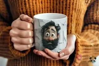 Manos sosteniendo una taza blanca con un diseño 3D de un padre barbudo con expresión de sorpresa, emergiendo de un efecto de papel rasgado en la superficie de la taza.