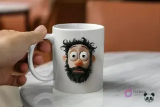 Mano sosteniendo una taza blanca con un diseño 3D de la cabeza de un padre barbudo con pelo alborotado y expresión de asombro, ojos grandes y redondos.