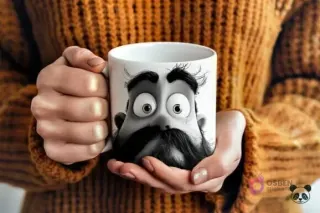 Manos sosteniendo una taza blanca con un diseño 3D de un padre barbudo en escala de grises, con una barba muy grande y frondosa, ojos grandes y expresivos.