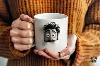 Manos sosteniendo una taza blanca con un diseño 3D de un padre barbudo con barba y bigote más pequeños, y pelo desordenado, asomándose en la taza.