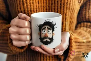 Manos sosteniendo una taza blanca con un diseño 3D de un padre barbudo con expresión de tristeza o melancolía y pelo alborotado, barba oscura y ojos grandes.