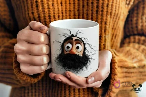 Manos sosteniendo una taza blanca con un diseño 3D de un padre barbudo con pelo extremadamente desordenado y una barba muy voluminosa, ojos grandes y expresivos.
