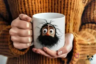 Manos sosteniendo una taza blanca con un diseño 3D de un padre barbudo con pelo extremadamente desordenado y una barba muy voluminosa, ojos grandes y expresivos.