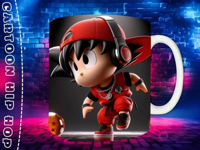 Plantilla de sublimación para taza con personaje Goku Chibi en estilo Hip Hop, con gorra roja y auriculares, sobre fondo de pared de ladrillos neón.