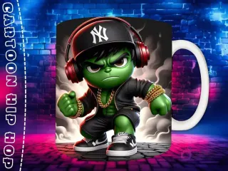Plantilla de sublimación para taza con personaje Hulk Chibi en estilo Hip Hop, con gorra negra y auriculares, cadenas de oro, sobre fondo de pared de ladrillos neón.