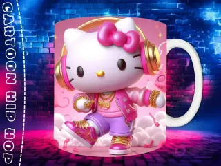 Plantilla de sublimación para taza con personaje Hello Kitty Chibi en estilo Hip Hop, con sudadera rosa, auriculares y cadenas de oro, sobre fondo de pared de ladrillos neón.