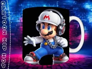 Plantilla de sublimación para taza con personaje Mario Chibi en estilo Hip Hop, con gorra blanca, auriculares y cadena, sobre fondo de pared de ladrillos neón.