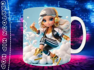 Plantilla de sublimación para taza con personaje Chibi femenino de cabello rubio, en estilo Hip Hop, con gorra hacia atrás, chaqueta blanca y zapatillas deportivas, sobre fondo de pared de ladrillos neón.