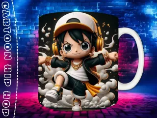 Plantilla de sublimación para taza con personaje Luffy Chibi en estilo Hip Hop, con gorra amarilla, auriculares y joyas de oro, sobre fondo de pared de ladrillos neón.