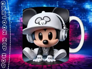 Plantilla de sublimación para taza con personaje Mickey Mouse Chibi en estilo Hip Hop, con gorra blanca, auriculares y cadena plateada, sobre fondo de pared de ladrillos neón.