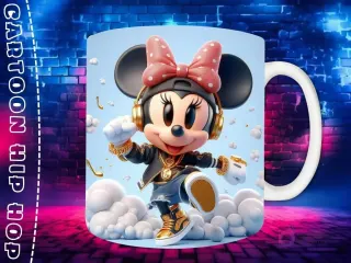 Plantilla de sublimación para taza con personaje Minnie Mouse Chibi en estilo Hip Hop, con lazo rojo, gorra negra, auriculares y joyas doradas, sobre fondo de pared de ladrillos neón.