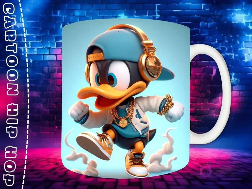 Plantilla de sublimación para taza con personaje Pato Donald Chibi en estilo Hip Hop, con gorra azul, auriculares y cadenas de oro, sobre fondo de pared de ladrillos neón.