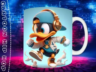 Plantilla de sublimación para taza con personaje Pato Donald Chibi en estilo Hip Hop, con gorra azul, auriculares y cadenas de oro, sobre fondo de pared de ladrillos neón.