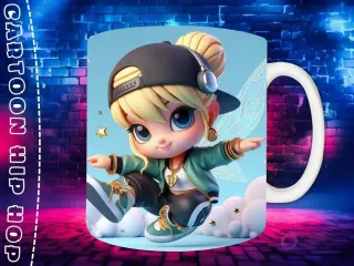 Plantilla de sublimación para taza con personaje Tinkerbell Chibi en estilo Hip Hop, con gorra negra, auriculares y joyas doradas, sobre fondo de pared de ladrillos neón.
