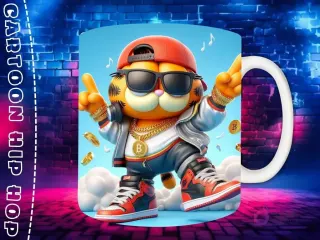 Plantilla de sublimación para taza con personaje Garfield Chibi en estilo Hip Hop, con gorra roja, gafas de sol y cadenas de oro, sobre fondo de pared de ladrillos neón.
