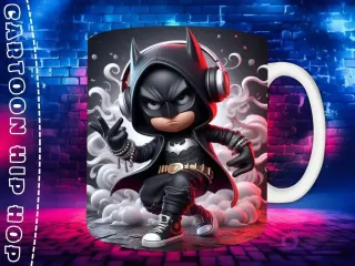 Plantilla de sublimación para taza con personaje Batman Chibi en estilo Hip Hop, con traje oscuro, auriculares y cadenas, sobre fondo de pared de ladrillos neón.