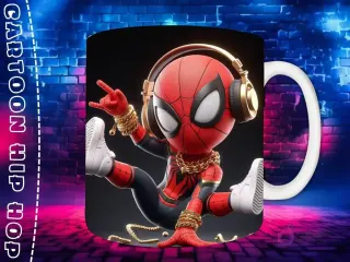 Plantilla de sublimación para taza con personaje Iron Man Chibi en estilo Hip Hop, con gorra roja, auriculares dorados y cadena, sobre fondo de pared de ladrillos neón.