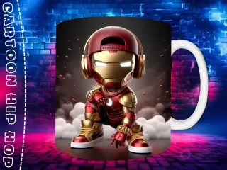 Plantilla de sublimación para taza con personaje Vegeta Chibi en estilo Hip Hop, con auriculares blancos y cadenas de oro, sobre fondo de pared de ladrillos neón.