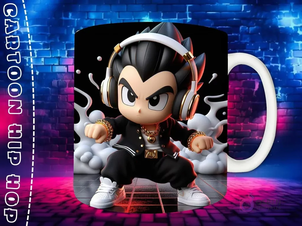 Plantilla de sublimación para taza con personaje Gato Tom Chibi en estilo Hip Hop, con gorra negra, auriculares dorados y cadena, sobre fondo de pared de ladrillos neón.