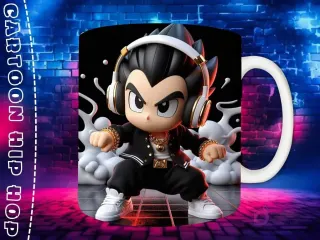 Plantilla de sublimación para taza con personaje Gato Tom Chibi en estilo Hip Hop, con gorra negra, auriculares dorados y cadena, sobre fondo de pared de ladrillos neón.