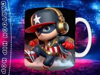 Plantilla de sublimación para taza con personaje Wile E. Coyote Chibi en estilo Hip Hop, con gorra negra, auriculares y cadenas de oro, sobre fondo de pared de ladrillos neón.