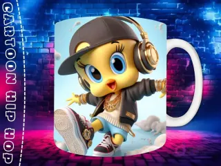 Plantilla de sublimación para taza con personaje Perro Chibi en estilo Hip Hop, con gorra, auriculares dorados, chaqueta azul y cadena, sobre fondo de pared de ladrillos neón.