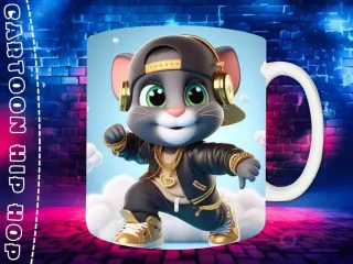 Plantilla de sublimación para taza con personaje Winnie the Pooh Chibi en estilo Hip Hop, con gorra gris, auriculares y cadenas de oro, sobre fondo de pared de ladrillos neón.